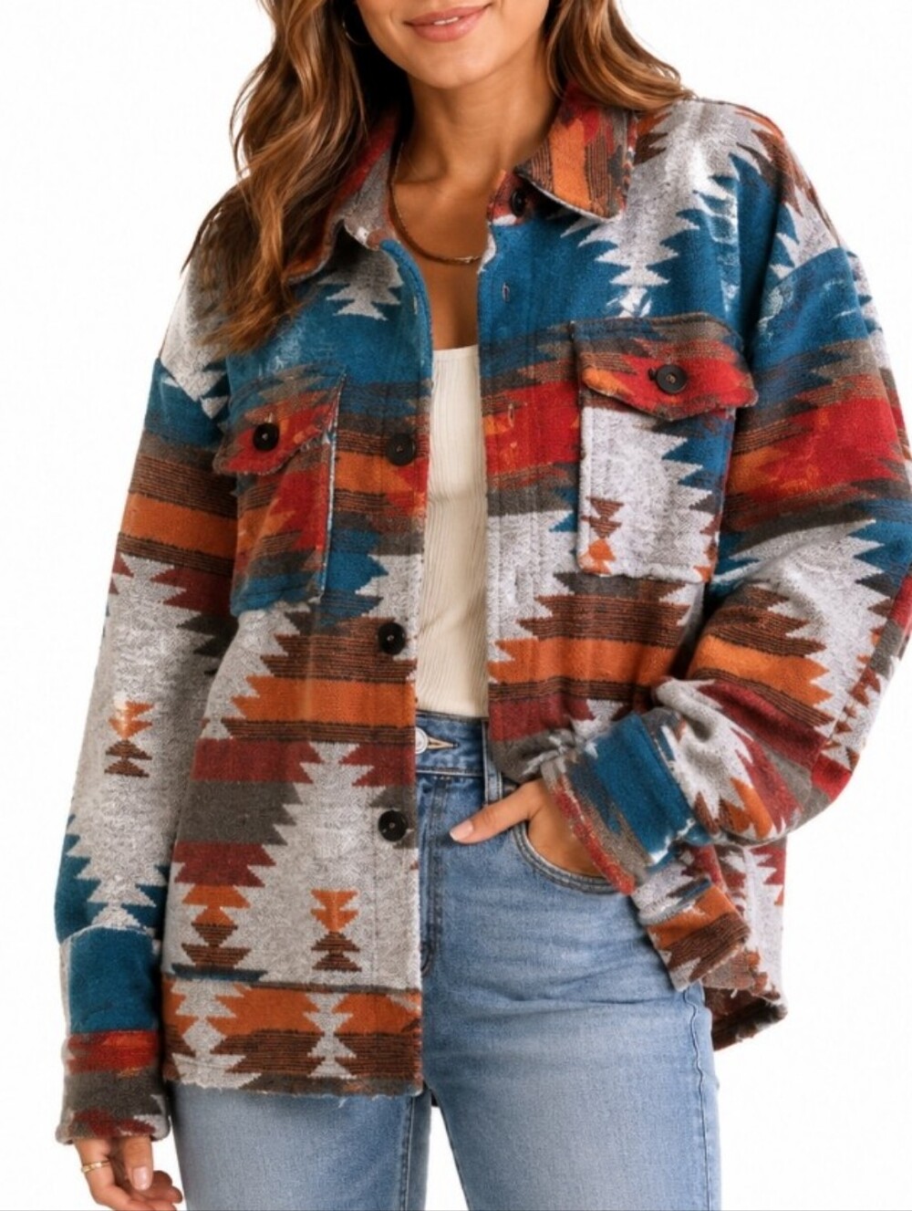 Mixed Media Colorblock Knit Shacket Jacket Medium Raw Hem